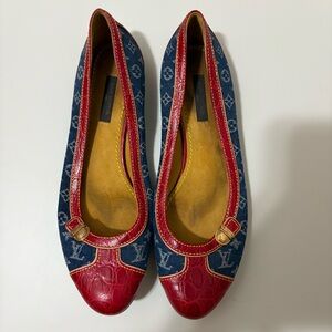 Louis Vuitton Womens Ballet Flat Size 38.5 Monogram Denim Red Croc #AR0035